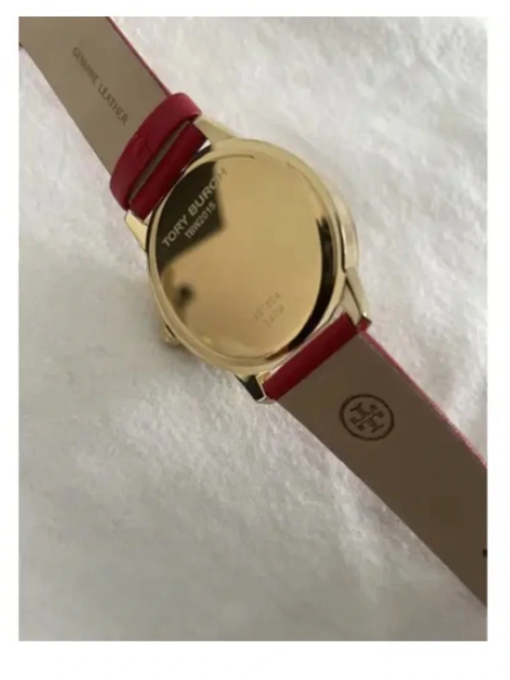 Tory Burch Red Leather Reva Watch with Gold Case 36 mm